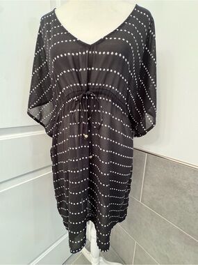 ❤️3/$30 Merona Black White Polka Dot Sheer Kaftan Swimsuit Coverup Dress Size M